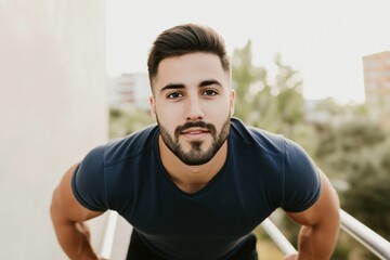 Young man performs pull-up in urban calisthenics park showcasing strength and determination