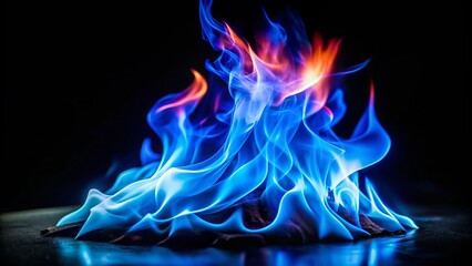 Close-Up Sapphire Flames: Deep Blue Fire on Black Background, Burning Ember,  Intense Heat, Spectral Light