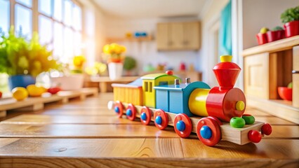 Fototapeta premium Colorful Wooden Toy Train Action Shot: Bright Kitchen, Wooden Surface