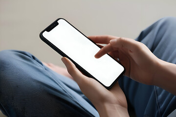  Close-up of a person's hands holding a black smartphone with a blank white screen, their finger hovering over the display.