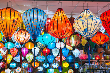 Traditional colorful Asian lanterns at night.