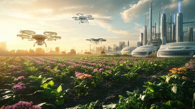 Futuristic Drones Monitoring Agricultural Fields Near City Skyline