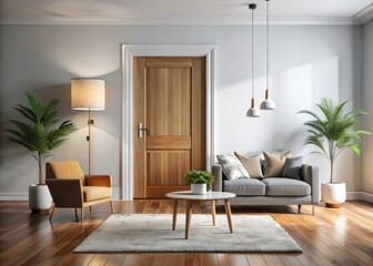 Fototapeta premium Eye-Level Living Room Shot: White Wall, Large Wooden Door - Interior Design Inspiration