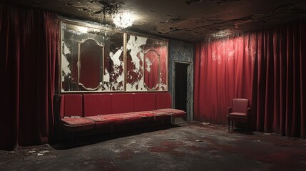 Abandoned Theater Room Red Seating Damaged Mirrors