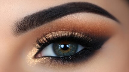 Obraz premium Close-up of an eye with eyelash extensions and a subtle smokey eye makeup, emphasizing depth and elegance.