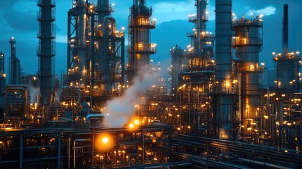 Illuminated Industrial Refinery Complex at Night