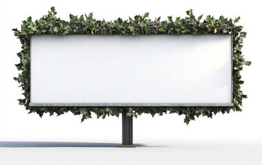 Fototapeta premium A blank metal billboard with soft glowing accents and frosted holly decorations on a bright white background