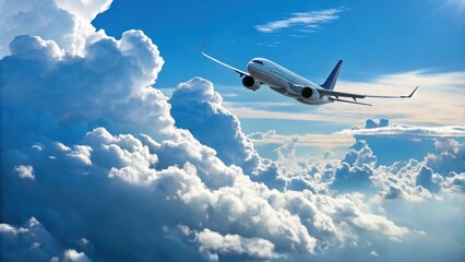 Obraz premium White passenger airplane soaring high above fluffy white clouds on a stunning sunny day, surrounded by a brilliant blue sky, capturing the essence of travel and vacation adventures