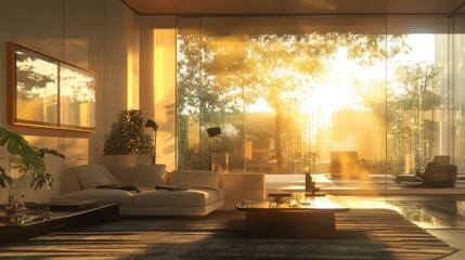 Modern Living Room Sunset View Through Large Windows