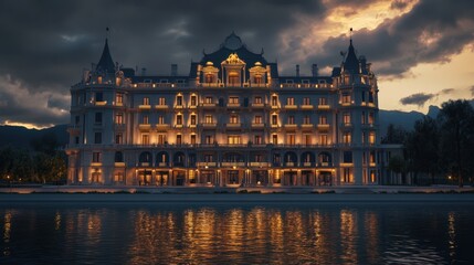 Fototapeta premium Grand European Style Hotel at Dusk Over Water