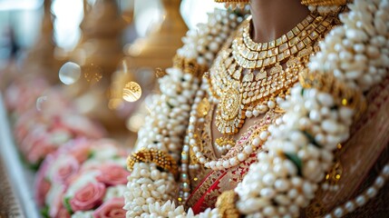 Ornate traditional jewelry and floral decorations for a cultural celebration.