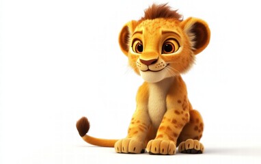 Naklejka premium A 3D lion cub sitting with playful features, oversized expressive eyes, and a fluffy tail on a bright white background