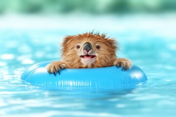 Happy Koala in a blue inflatable ring floats in a pool.