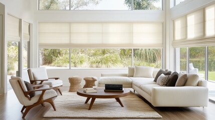 Fototapeta premium Modern Living Room With Large Windows And Neutral Decor