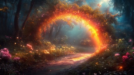 Fototapeta premium Magical forest pathway glows with vibrant colors during a mystical twilight hour
