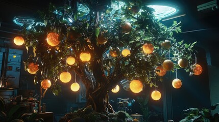 Glowing Orb Fruit Tree in Futuristic Setting