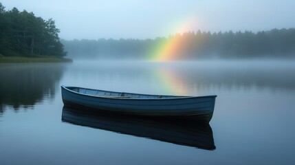 Misty lake morning with a solitary boat and a soft rainbow reflecting on calm waters