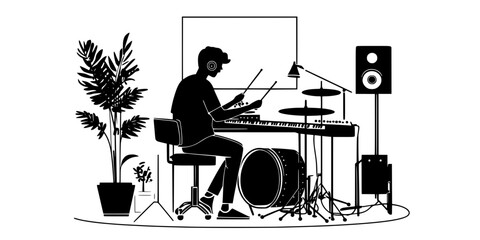 A drummer playing along with backing tracks in a home recording setup, Vector Graphic