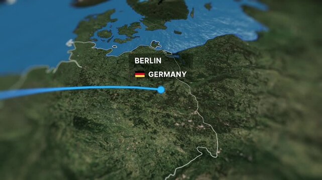 Animated map illustrating a flight route from Amsterdam to Berlin. Perfect for travel videos, tourism content, and corporate presentations.