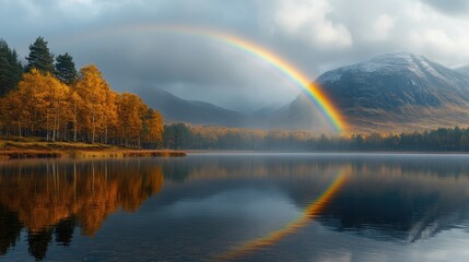Majestic rainbow arches over serene lake amidst vibrant autumn foliage at dawn in the mountains