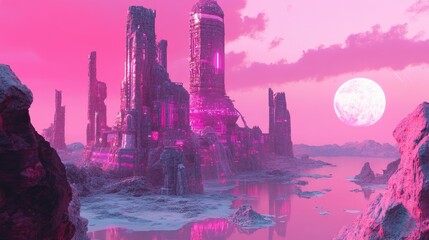 Futuristic Cityscape on an Alien Pink Planet