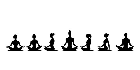 Group synchronizing breath with movement, shifting between standing and seated poses, Vector Graphic