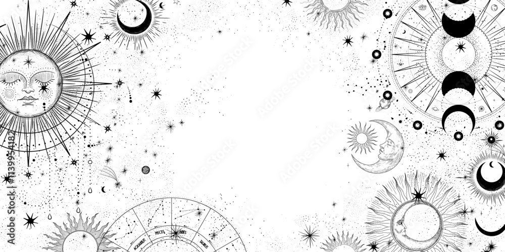 Wall mural vector illustration set of moon phases. different stages of moonlight activity in vintage engraving 