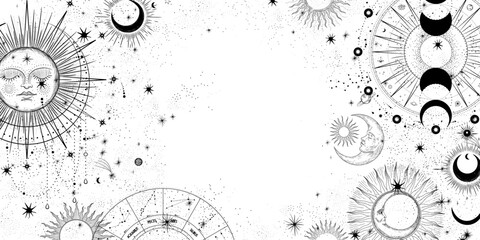 Vector illustration set of moon phases. Different stages of moonlight activity in vintage engraving style. Zodiac Signs	