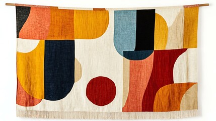 A decorative wall hanging in a fabric featuring bold, large-scale graphic shapes