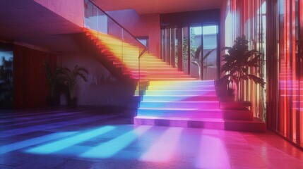 Obraz premium Rainbow Lit Staircase In Modern Home Interior