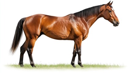 Fototapeta premium Side view of a brown horse standing on a grassy field against a white background.
