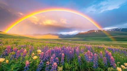 Captivating landscape with vibrant flowers and a stunning rainbow arching across a dramatic sky at sunset in a serene meadow