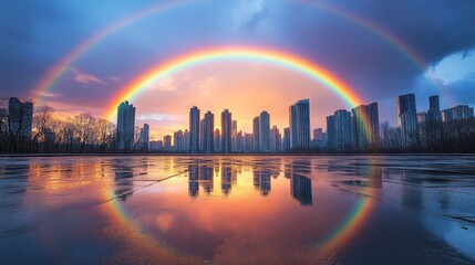 Fototapeta premium Breathtaking rainbow arches over a vibrant city skyline at sunset reflecting on a tranquil water surface