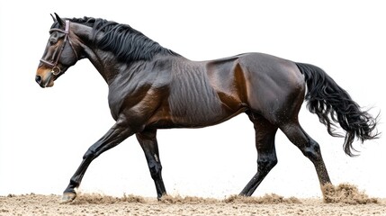 Obraz premium Side view of a dark brown horse in motion on a sandy surface.