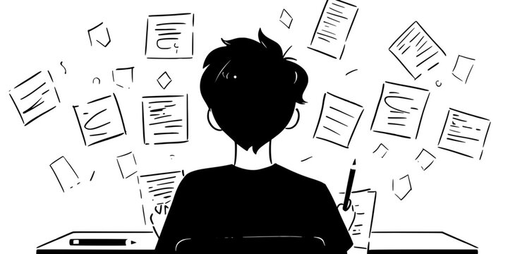 Person solving sentence formation exercises during a grammar class, book and pen in hand, Vector Graphic