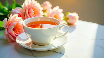 Aromatic Tea in a White Cup Beside Delicate Pink Blooms on a Sunny Morning