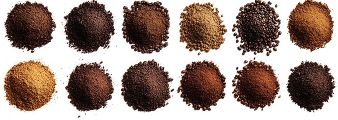 A series of coffee grounds in various sizes and shapes, each with its own unique texture and color, arranged side by side on an isolated white background