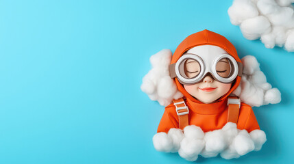 child in orange outfit and goggles rests among fluffy clouds, evoking dreamy atmosphere