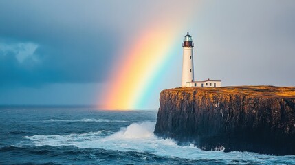 Obraz premium Majestic lighthouse standing tall against crashing waves and a vibrant rainbow in a coastal landscape