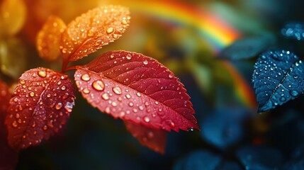 Raindrops glisten on vibrant red and dark blue leaves under a soft rainbow glow in a lush garden setting