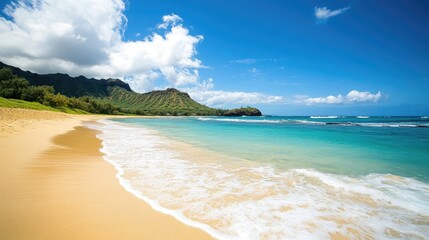 Obraz premium Scenic Hawaiian Beach with Lush Green Mountains and Blue Ocean