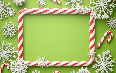Obraz premium A festive sign with a candy cane striped frame and frosted snowflake decorations on a bright lime green background