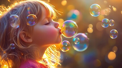 Delightful moments of childhood innocence as bubbles float in golden sunlight during a playful afternoon