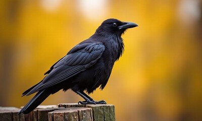 Fototapeta premium Black crow perched on weathered wood sharp beak