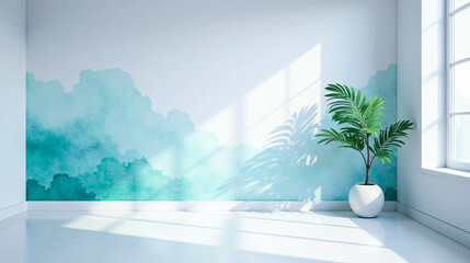 Serene Minimalist Room Interior Design with Aqua Watercolor Wall Accent and Potted Plant