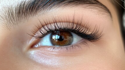 Obraz premium Close-up of a woman's eye with wispy eyelash extensions, emphasizing length and definition.