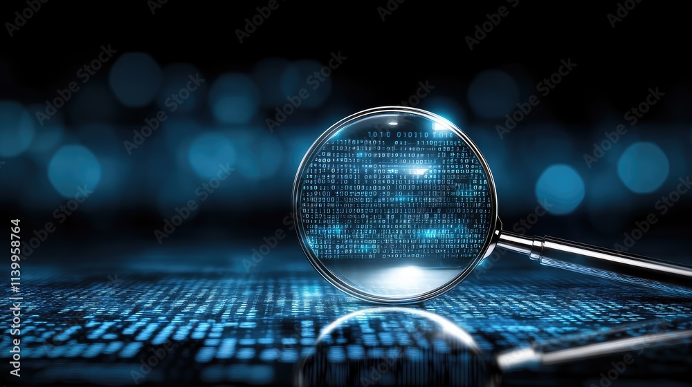 Poster a magnifying glass focuses on blue binary code, creatively representing data analysis and search eng