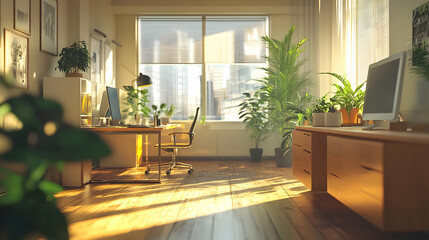 Sunlit Office Workspace 3D Illustration