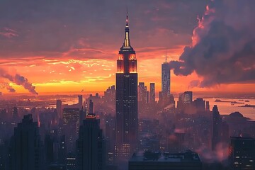 Obraz premium panorama of the evening city at sunset, a modern city at sunrise, 3D rendering