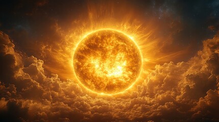 Radiant sun bursts through dramatic clouds at dusk illuminating the evening sky with warm golden hues and dynamic light patterns